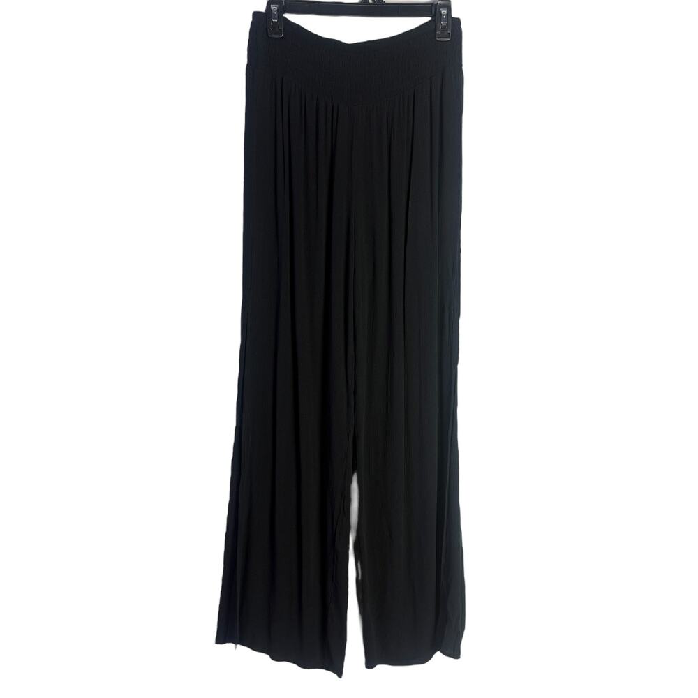 Kona Sol Women's Smocked Waist Side Slit Cover Up Wide Leg Pants Size S Black